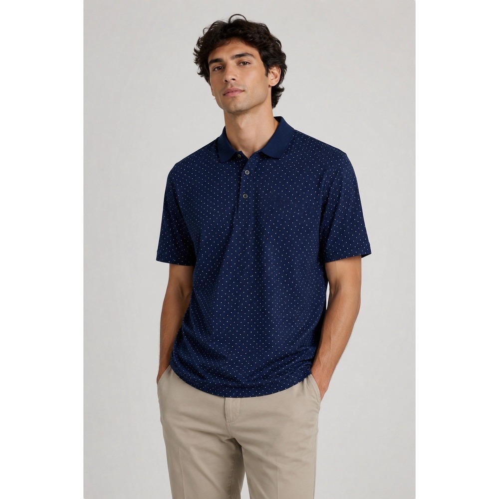 SMASH Men's Navy Blue Polka Dot Short Sleeve Polo Shirt Medium NWT‎ Textured